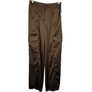 O Nine West Dark Brown Wide Leg Cargo Pants Womens Size XS 0 2 Satin Earthy Cute